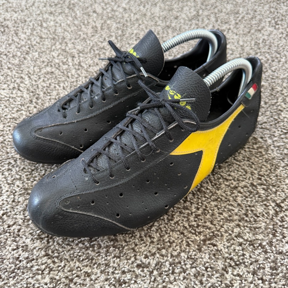 Vintage 80's DIADORA San Remo Leather Cycling Shoes Black/Yellow Bike Decor 42